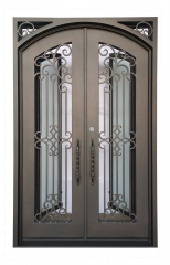 64'' x82'' pre-hung forged Iron arch top double entry doors with charming decorative grille-Allandhousing