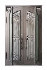 64'' x82'' pre-hung forged Iron arch top double entry doors with charming decorative grille-Allandhousing