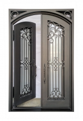 64'' x82'' pre-hung forged Iron arch top double entry doors with charming decorative grille-Allandhousing