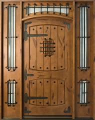Rustic single solid wood front entry door with 2 sidelites and wrought iron element-Allandhousing