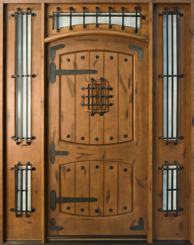 Rustic single solid wood front entry door with 2 sidelites and wrought iron element-Allandhousing