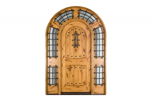 Rustic single solid wood front entry door with 2 sidelites and wrought iron element-Allandhousing