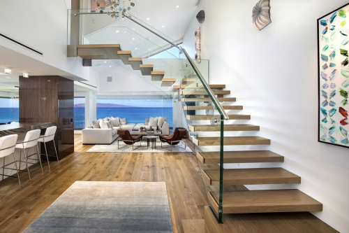 Modern design floating staircase with glass railin...