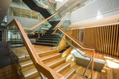 Staircase glass railing with stainless pitch fittings wood handrail