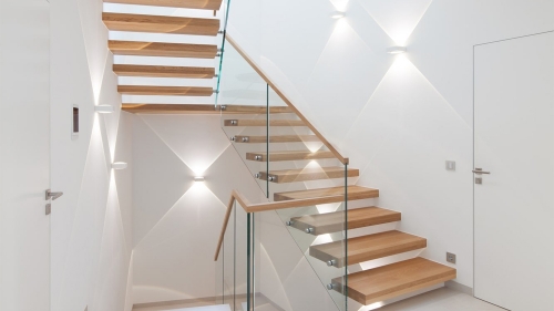 U shaped floating staircase with solid wood stair tread for villa