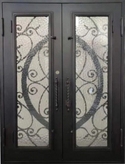 Front entry iron double door with with tempered water cube glass design