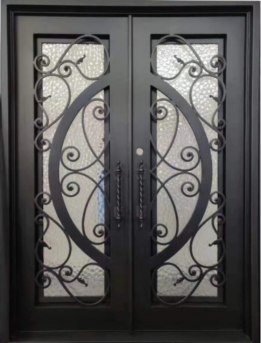 Front entry iron double door with with tempered water cube glass design