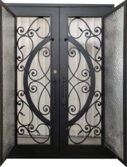 Front entry iron double door with with tempered water cube glass design