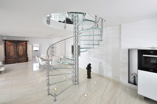 Helical stairs with glass treads stainless steel railing