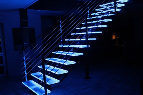 LED light laminated tempered clear glass mono stairs with steel railing