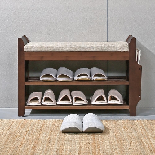 Shoe Bench Rack Organizer with Storage Side Drawer Bamboo Removable Cushion Seat for Entryway Hallway Living Room Bathroom-29.5in