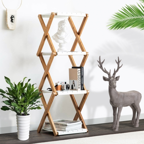 Nnewvante Shelving Unit Foldable 4 Tiers Multipurpose Bamboo Wood Open Storage Shelf Bookshelf for Home Office- Natural Bamboo and White