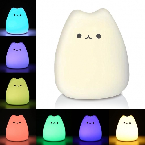 LED Cat Night Light, Battery Powered Silicone Cute Cat Nursery Lights with Warm White and 7-Color Breathing Modes for Kids Baby Children