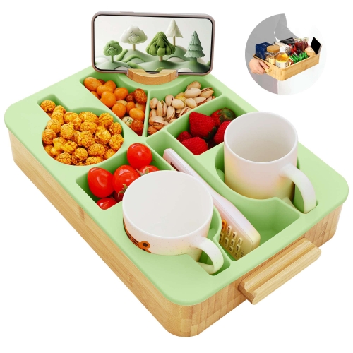 Nnewvante Divided Cup Holder Tray, 9 in 1 Serving Tray with Handle for Sofa Bed RV Car Organizer Caddy Movie Night Snack Trays, Bamboo and BPA Free Si
