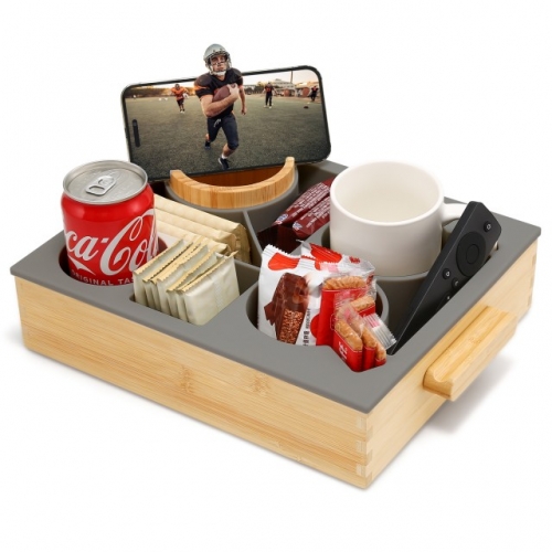 Nnewvante Couch Cup Holder, Bamboo Silicone Couch Caddy with 360° Rotating Phone Stand, Sofa Bed Organizer with Anti-Slip Pad,Snack Drink Holder with