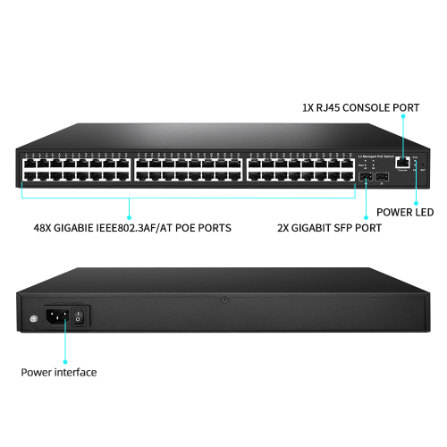 48 Ports Gigabit OpenWRT Managed PoE Switch with 2 Fiber SFP