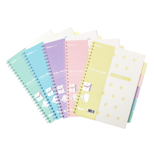 Spiral Notebooks with 5 Dividers, 100 Sheets, A4, PastelGLAM