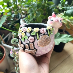 Real & Unique | Handcrafted and Hand Painted Black Pottery Pots | 3D Shapes | Rose Fence and Piggy