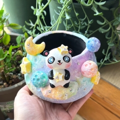 Real & Unique | Handcrafted and Hand Painted Black Pottery Pots | 3D Shapes | Panda and colorful planet