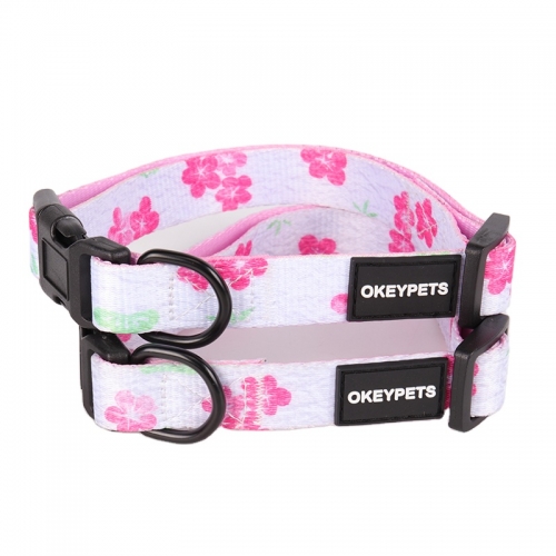 OKEYPETS Personalized Adjustable Comfortable Polyester Pink Flowers Printing Nice Dog Collar