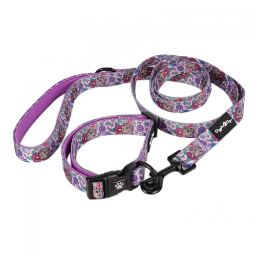 OKEYPETS Purple Flower Skulls Printing Designer Dog Collars and Leashes