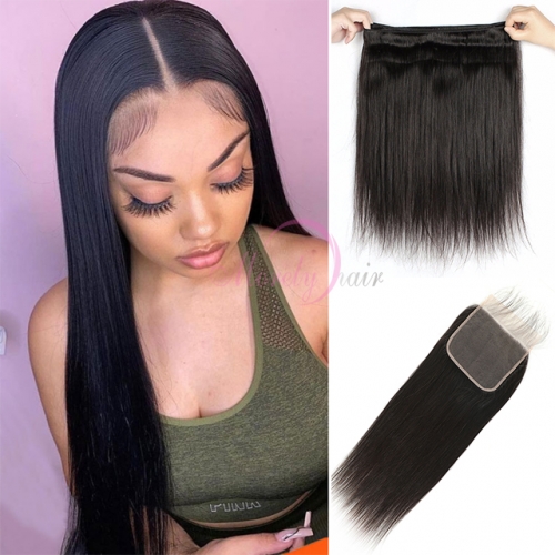 5X5 Transparent Lace Closure with Top Quality 12A Brazilian Straight Hair Human Hair 3 Bundles