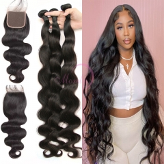 5X5 Transparent Lace Closure with Long Hair 36 38 40inch Top Quality 12A Brazilian Body Wave Human Hair 3 Bundles