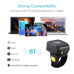 Portable Ring 1D 2D QR Barcode Scanner,Wearable Wireless Finger Mini Bar Code Reader Compatible for Windows, Mac OS, Android 4.0+, iOS Support Scan QR PDF417 DataMatrix on Screen and Paper