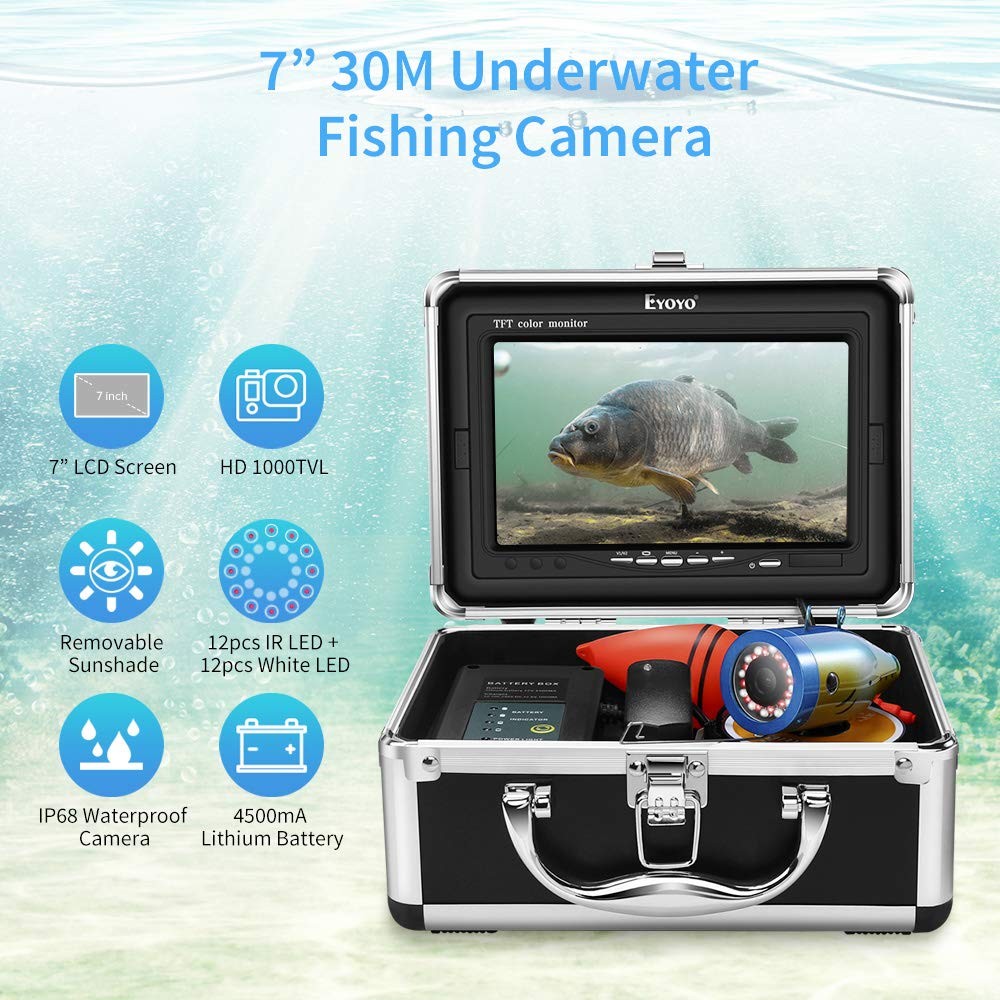 Eyoyo Portable 7 inch LCD Monitor Fish Finder Waterproof Underwater 1000TVL Fishing  Camera 15m Cable 12pcs IR Infrared LED for Ice,Lake and Boat Fishing  (Renewe…