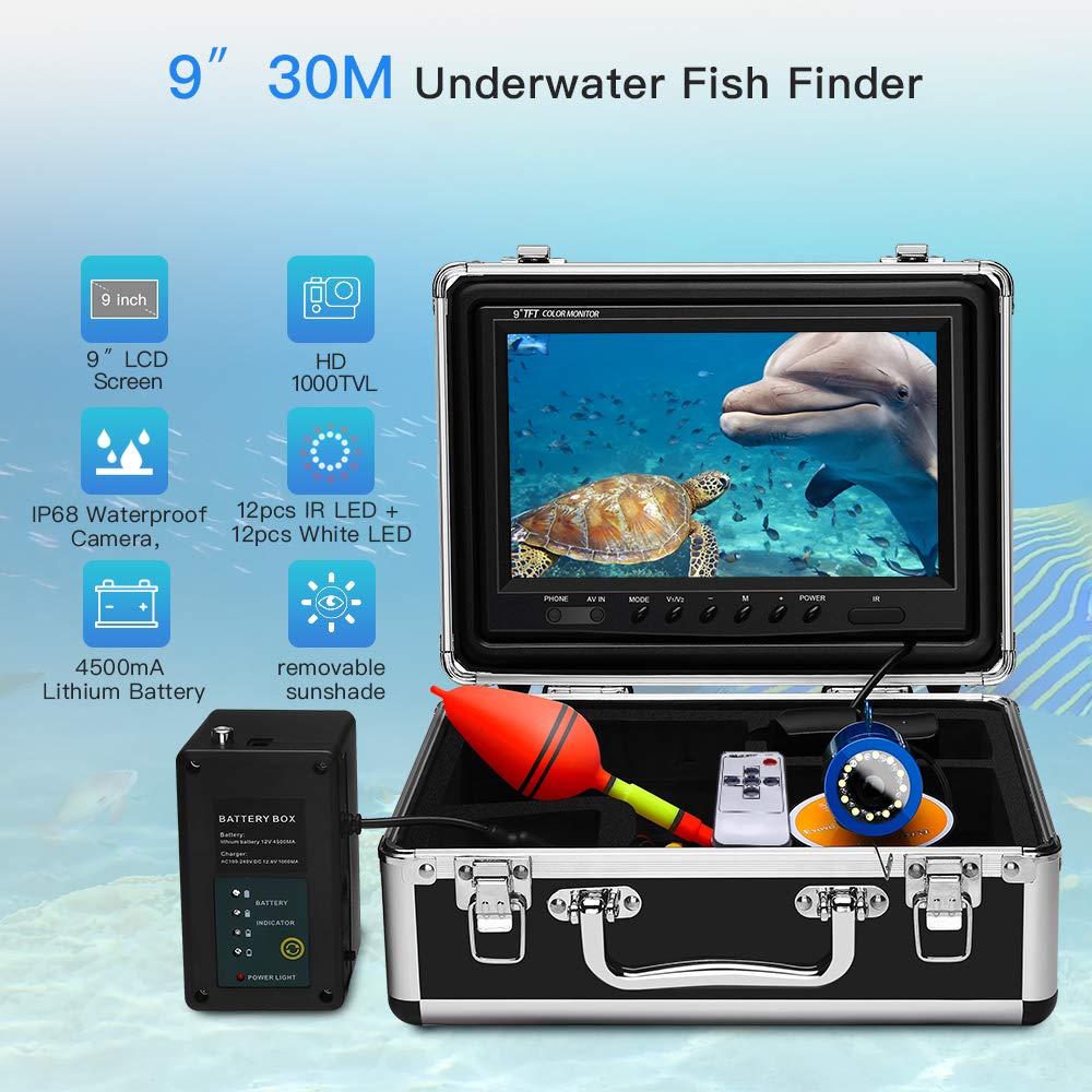 Underwater Fishing Camera 7 inch LCD Monitor Fish Finder Waterproof 1000TVL Fishing Camera 12pcs Infrared Lights for Lake, Boat, Ice Fishing(15m/49ft)