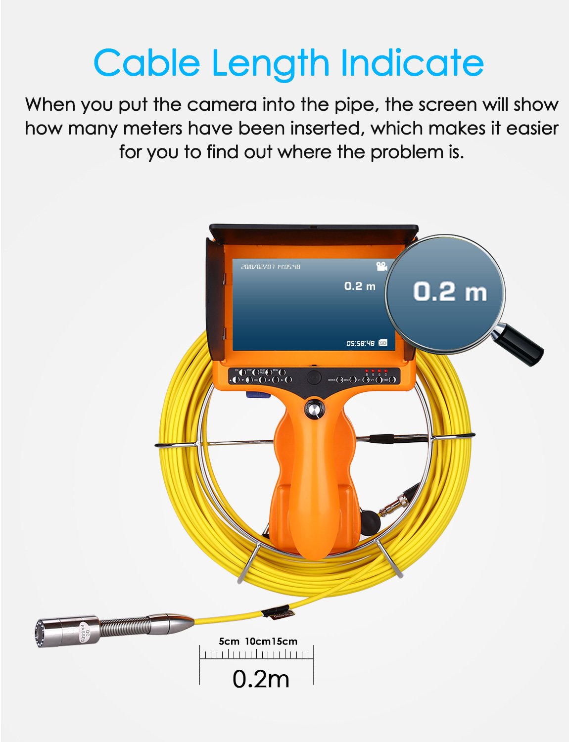 Eyoyo WF92 Pipe Pipeline Inspection Camera 20M/65ft Drain Sewer Industrial  Endoscope Video Plumbing System with 7 Inch LCD Monitor 1000TVL DVR Record