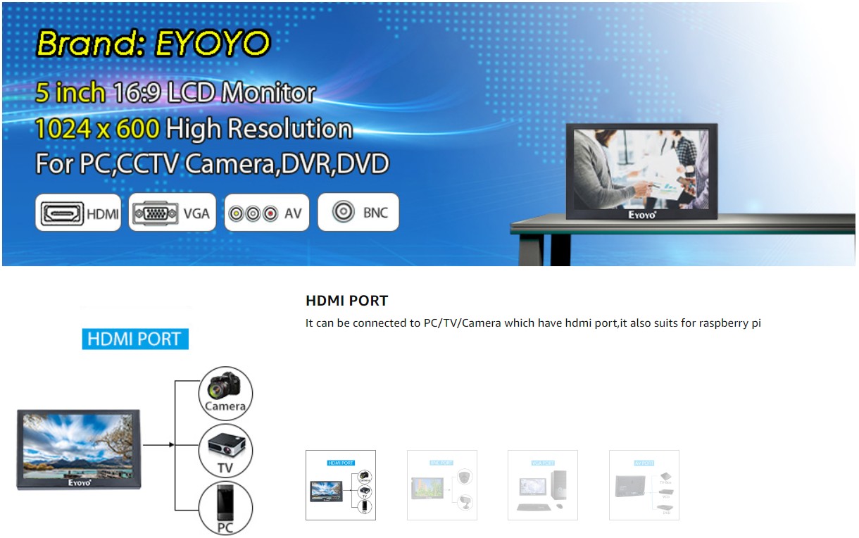 Eyoyo 5 Inch Mini HDMI Monitor 800x480 Car Rear View TFT LCD Screen Display  With BNC/VGA/AV/HDMI Output Built-in Speaker