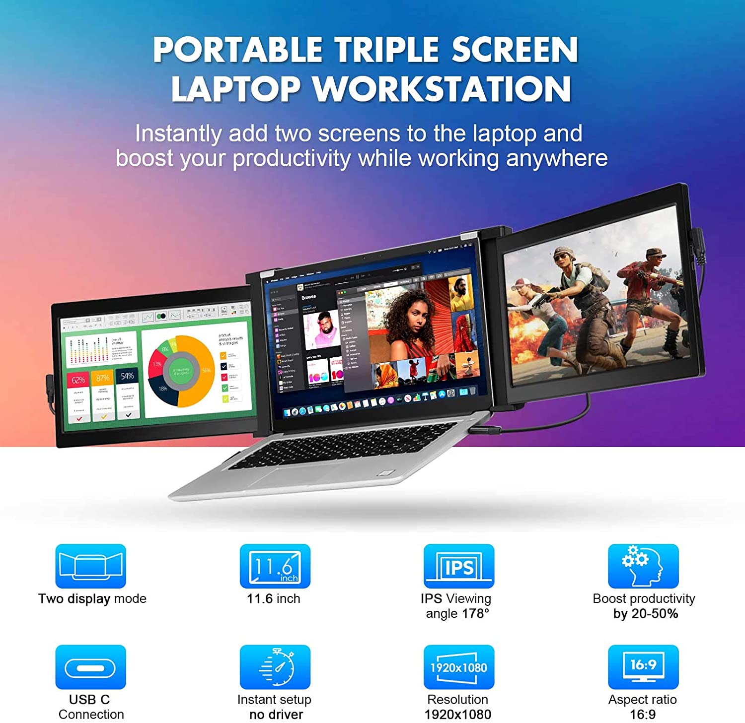 Portable Triple Screen Laptop Workstation External Monitor