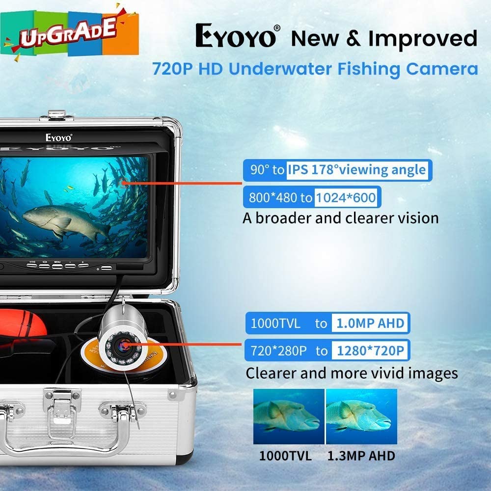 Eyoyo Underwater Fishing Camera, Ice Fishing Camera Portable Video Fish  Finder, Upgraded 720P Camera w/ 12 IR Lights, 1024x600 IPS 7 inch Screen,  for Ice, Lake, Boat, Sea Fishing (15m),Upgraded 720p Camera