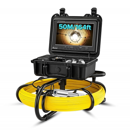 Upgraded 164ft/50m Sewer Camera, 23mm HD 720P Camera with 12pcs LED, 9" LCD Monitor with DVR, Fiberglass Cable, Rechargeable Battery, 8GB TF Card, Drain Pipe Video Inspection Plumbing Endoscope Camera