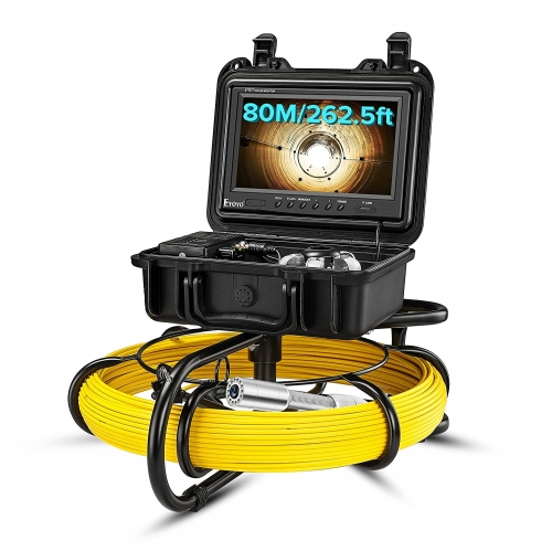 Eyoyo Drain Pipe Inspection Sewer Cameras, 23mm HD 720P Camera with LED, 9" LCD Monitor, 80m/262ft Fiberglass Cable,Rechargeable Li, 8GB TF Card Video Inspection Plumbing Endoscope Camera