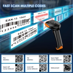 Eyoyo Wireless Barcode Scanner,[2.4G Wireless & Bluetooth & USB Wired Connection], Ergonomics Handheld Barcode Scanner Reader, 2D 1D QR Code Automatic Fast Precise scanning（Orange）