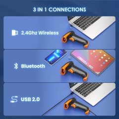 Eyoyo Wireless Barcode Scanner,[2.4G Wireless & Bluetooth & USB Wired Connection], Ergonomics Handheld Barcode Scanner Reader, 2D 1D QR Code Automatic Fast Precise scanning（Orange）