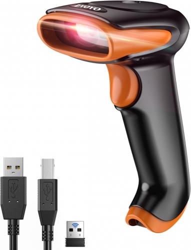 Eyoyo Wireless Barcode Scanner,[2.4G Wireless & Bluetooth & USB Wired Connection], Ergonomics Handheld Barcode Scanner Reader, 2D 1D QR Code Automatic Fast Precise scanning（Orange）