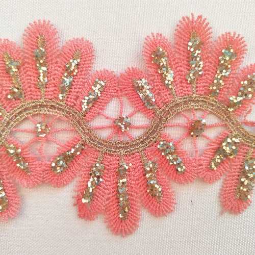 Soft Pink Lace Trim Embroidery with Glitter Embroidery Floral Eyelash Fancy Lace Trimming Wholesale
