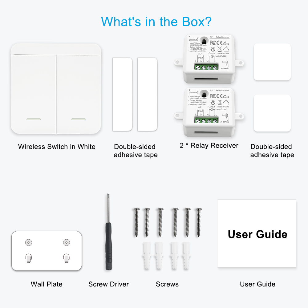 Two Gang Remote Control Wireless Switch Kit, No Wire Light Control Kit(1 Remote + 2 RF Relay