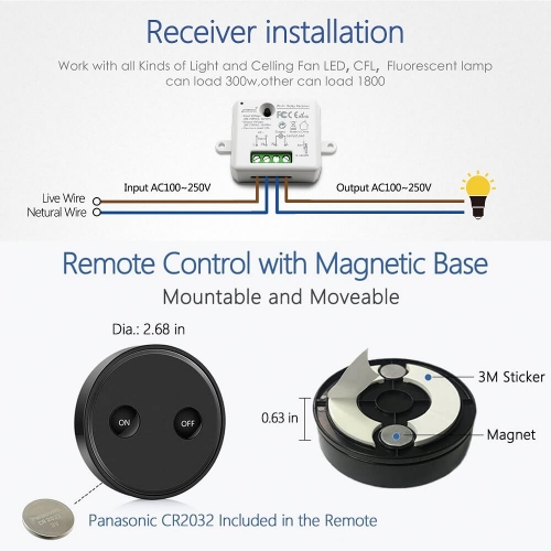 Remote Control Wireless Light Switch with Tiny Relay Module 2500W Magnetic  Wall Switch or Be Portable 200m Range Easy to Install