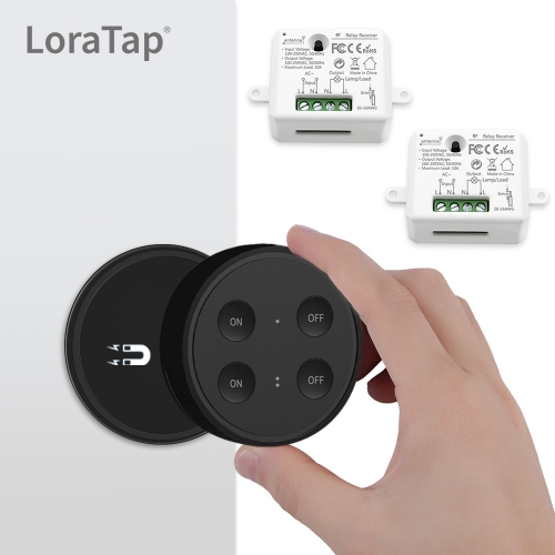 LoraTap Magnetic Wireless Lights Switch Kit (One 4-button black remote and two relay receivers) 868Mhz for EU market