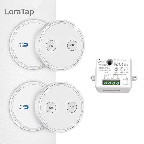 Kit de interruptor de luzes magnéticas sem fio LoraTap (dois controles remotos de 2 botões e um receptor de relé) 868Mhz para o mercado da UE