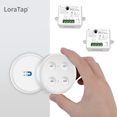 Kit de interruptor de luzes magnéticas sem fio LoraTap (um controle remoto de 4 botões e dois receptores de relé) 868Mhz para o mercado da UE