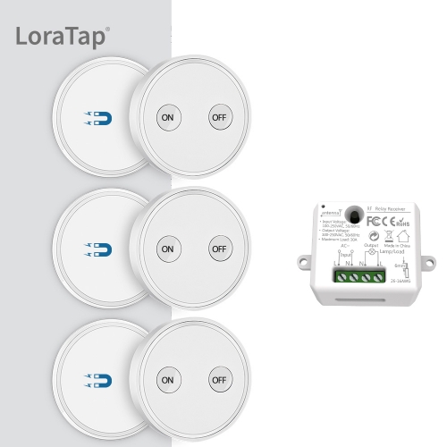 Kit de interruptor de luzes magnéticas sem fio LoraTap (três controles remotos de 2 botões e um receptor de relé) 868Mhz para o mercado da UE
