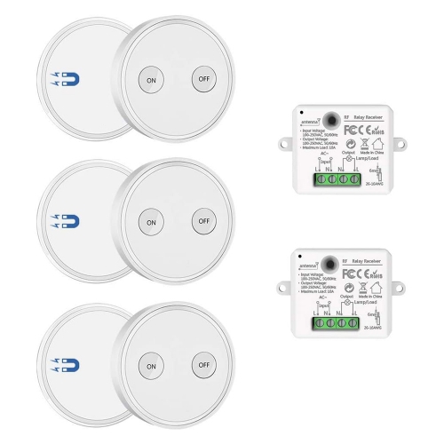 LoraTap Magnetic Wireless Lights Switch Kit (Three 2-button remotes and two relay receiver) 868Mhz for EU market
