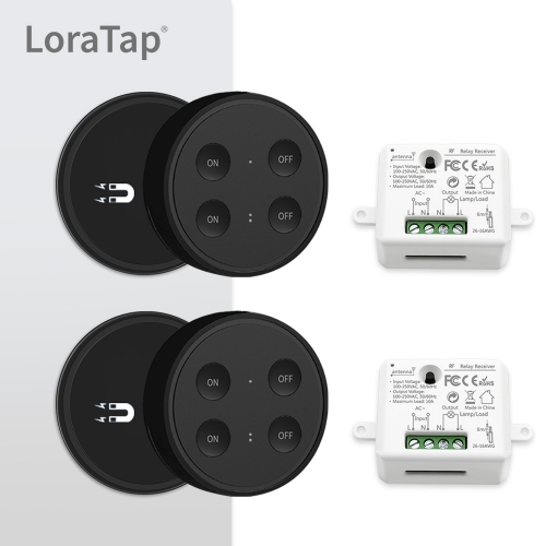LoraTap Black Magnetic Wireless-Lichtschalter-Kit (4-Tasten-Fernbedienung und Empfänger mit zwei Relais) 868 MHz für den EU-Markt