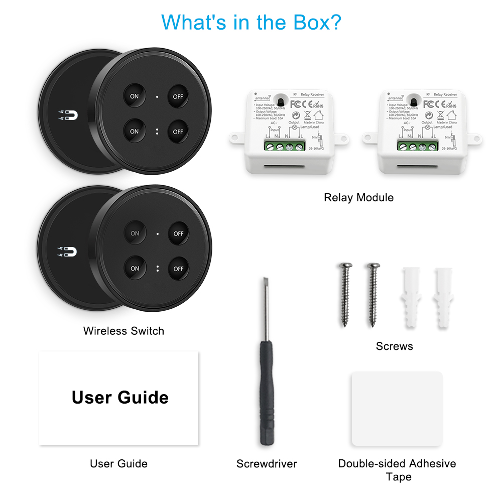 LoraTap Magnetic Wireless Lights Switch Kit (One 4-button remote and two  relay receivers) 868Mhz for EU market