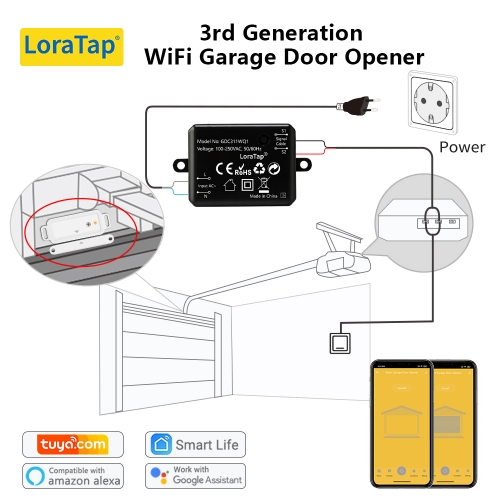 LoraTap Tuya Garage Door Wireless Sensor Opener Controller Remote Control via Smart Life Google Home Alexa Voice Operate Support